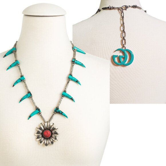 GUCCI NECKLACE MARMONT FLOWER TURQUOISE HORNS STERLING SILVER - Picture 1 of 13